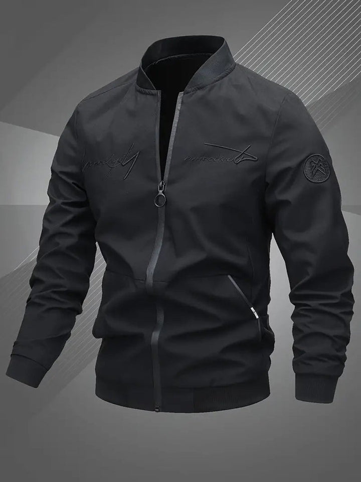 Men's Casual Zip-Up Polyester Bomber Jacket Baseball Collar - Black