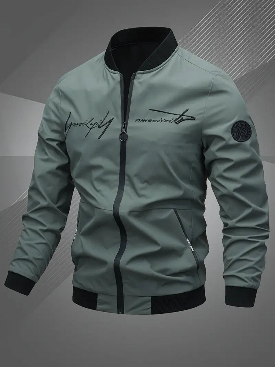 Men's Casual Zip-Up Polyester Bomber Jacket Baseball Collar