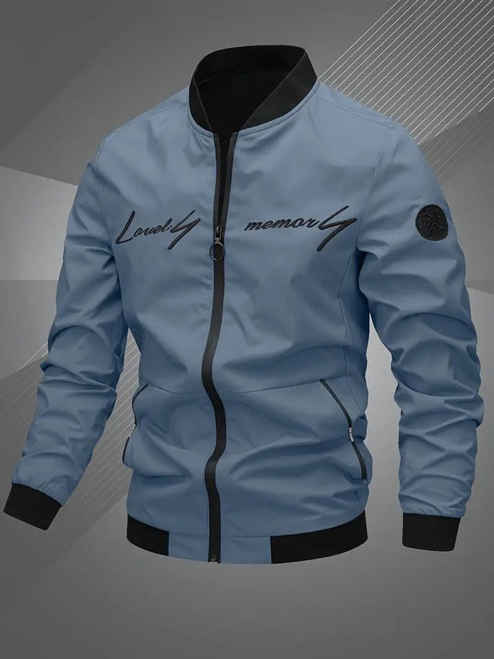 Men's Casual Zip-Up Polyester Bomber Jacket Baseball Collar - Fog Blue