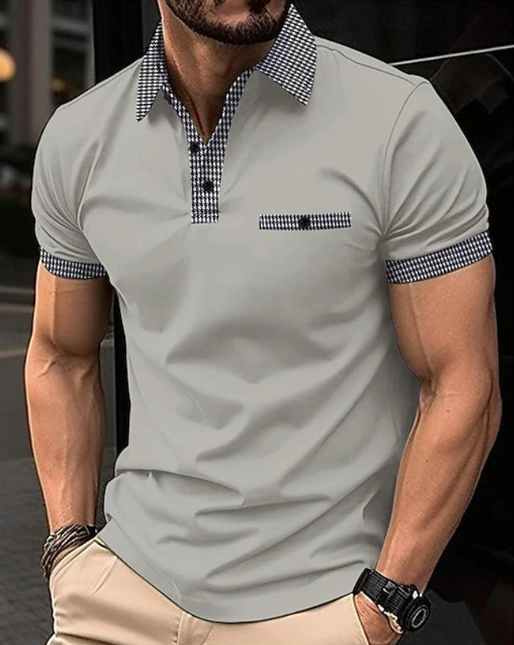 Men's Checkered Collar Short-Sleeve Polo Shirt - Gray