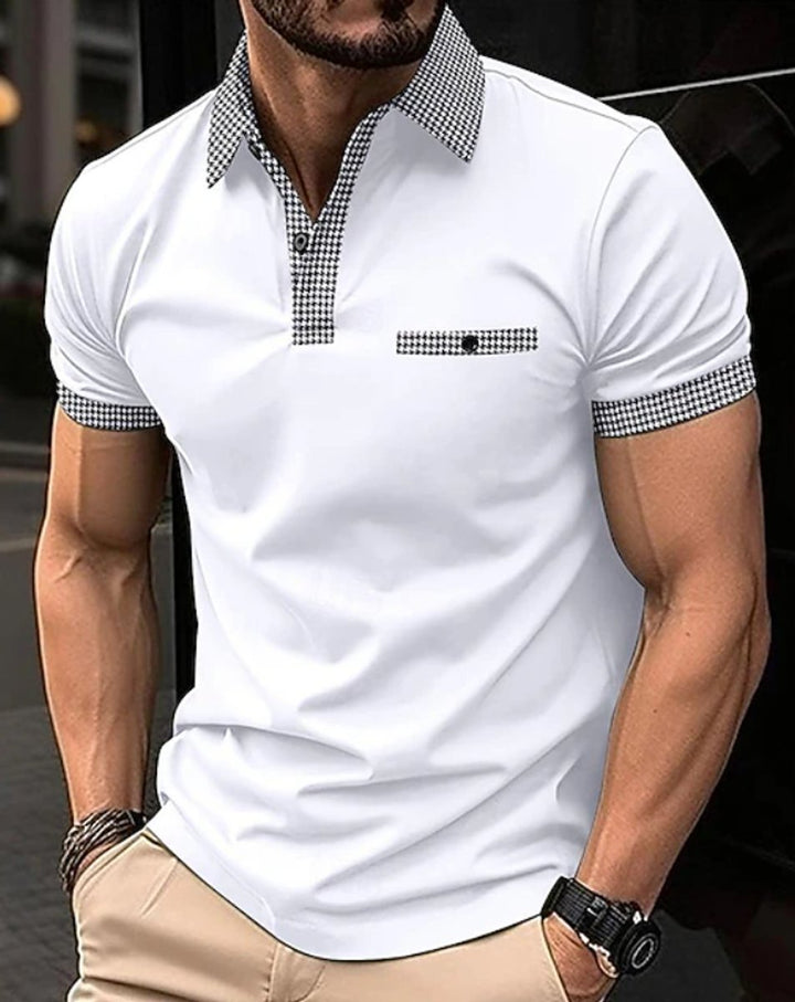 Men's Checkered Collar Short-Sleeve Polo Shirt - White