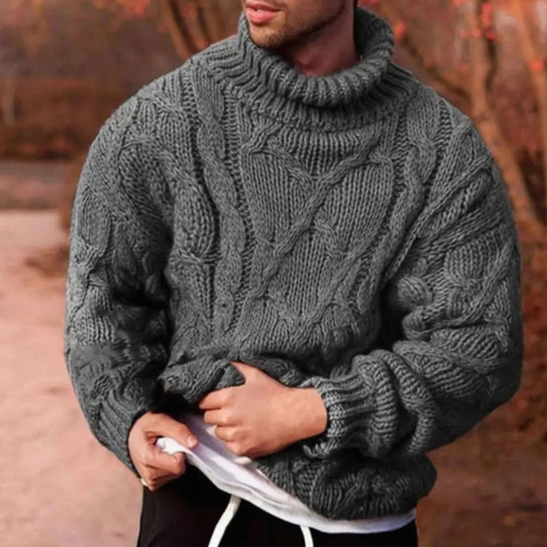 Men's Chunky Cable-Knit Turtleneck Winter Sweater - Grey