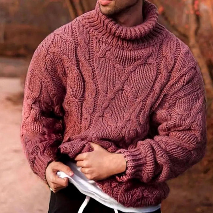 Men's Chunky Cable-Knit Turtleneck Winter Sweater - Red