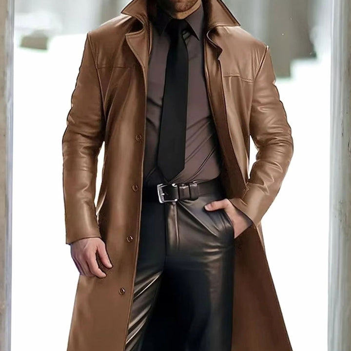 Men's Classic Button-Down Long Faux Leather Trench Coat - Khaki