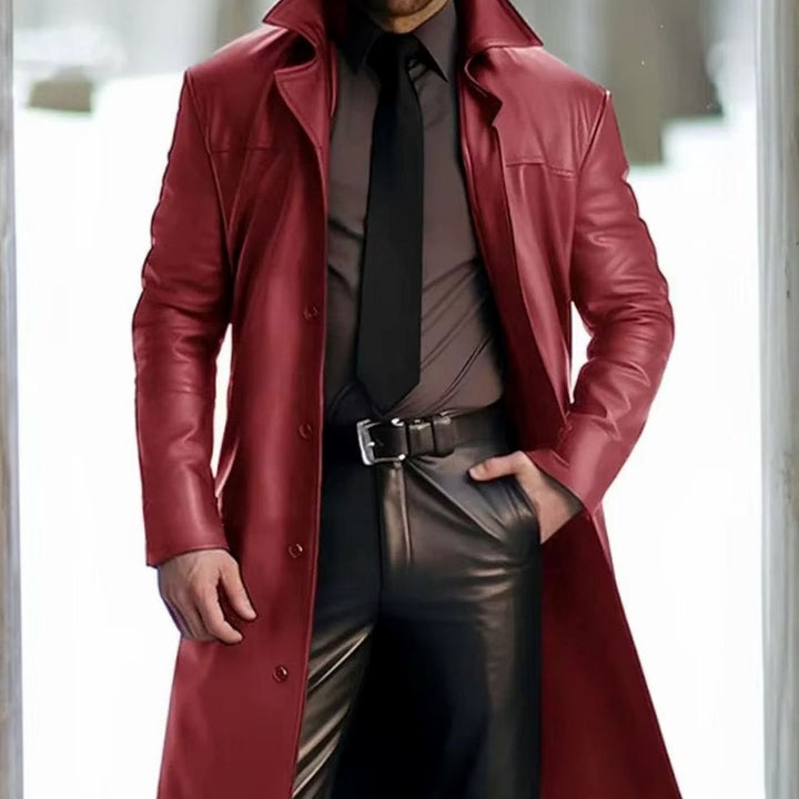 Men's Classic Button-Down Long Faux Leather Trench Coat - Red
