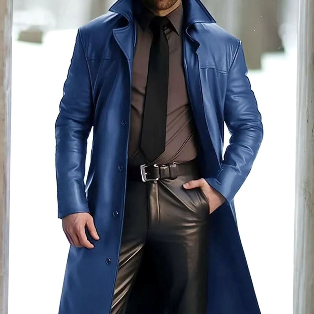 Men's Classic Button-Down Long Faux Leather Trench Coat - Blue