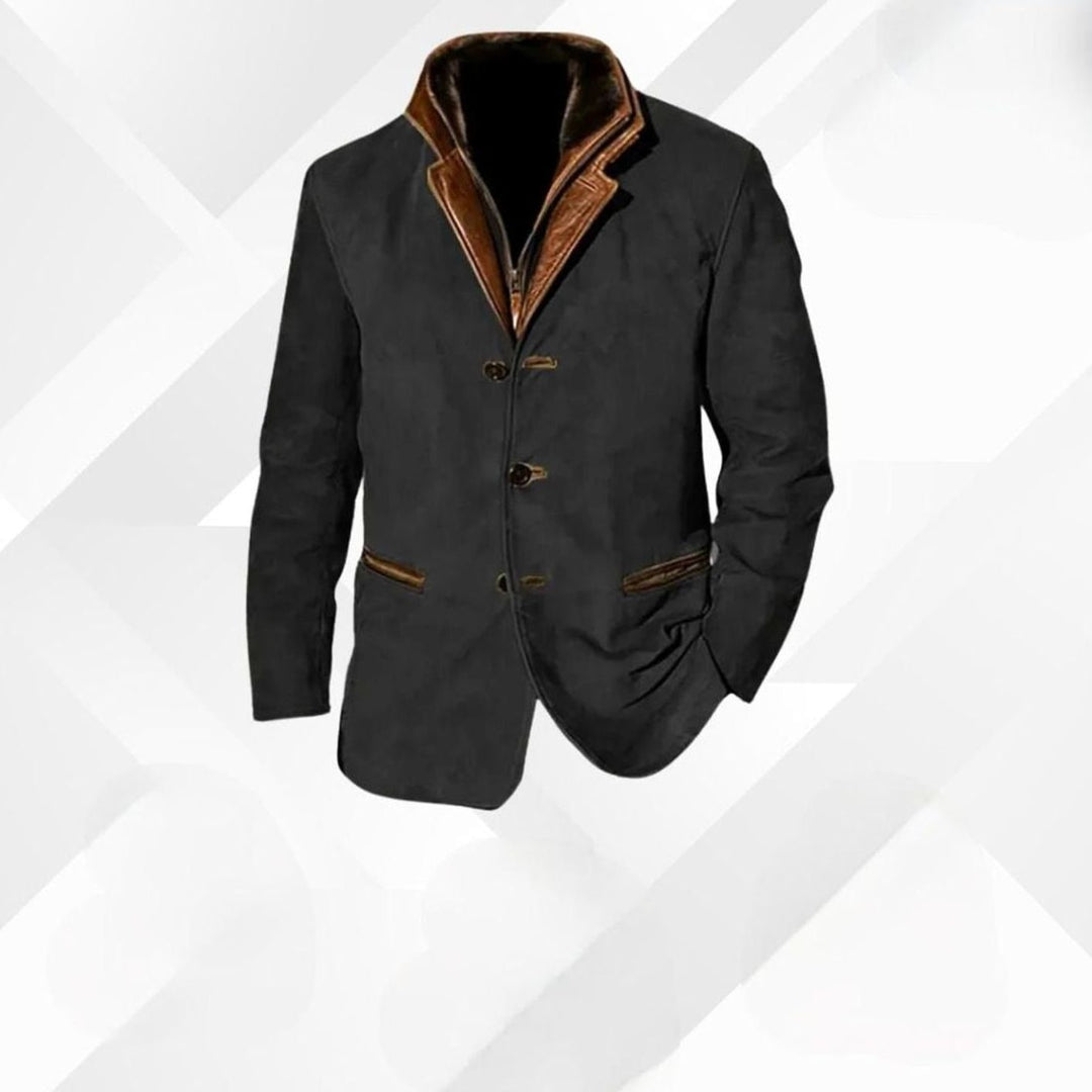 Men's Classic Button-Up Warm Jacket Contrasting Collar Tailored Blazer - Black