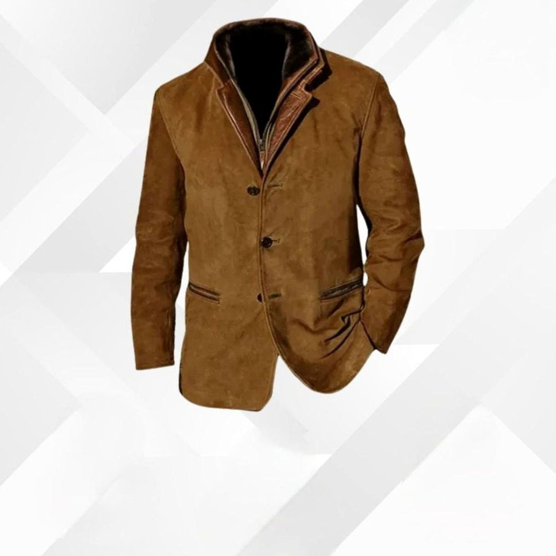 Men's Classic Button-Up Warm Jacket Contrasting Collar Tailored Blazer - Brown
