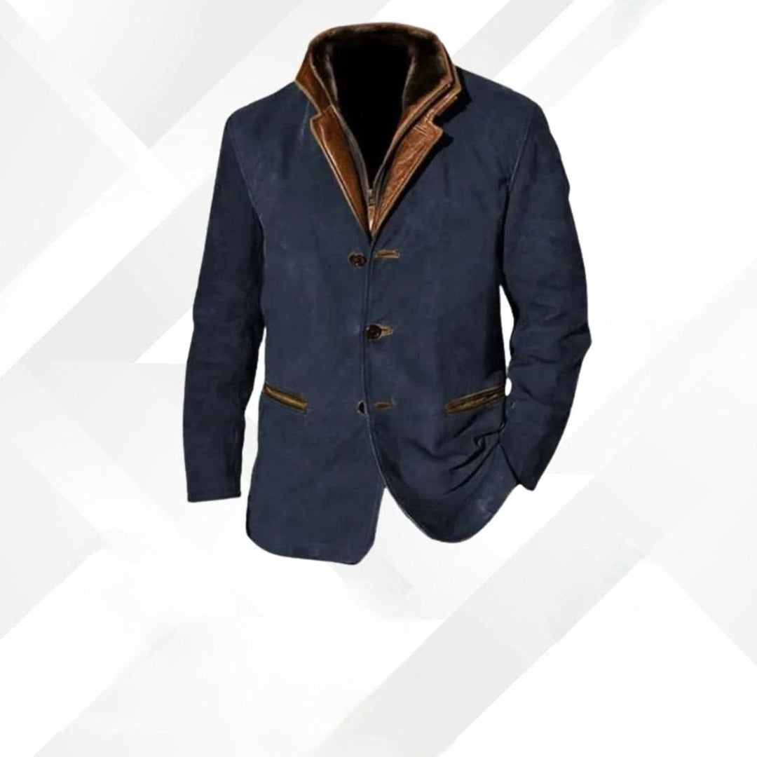 Men's Classic Button-Up Warm Jacket Contrasting Collar Tailored Blazer - Dark Blue