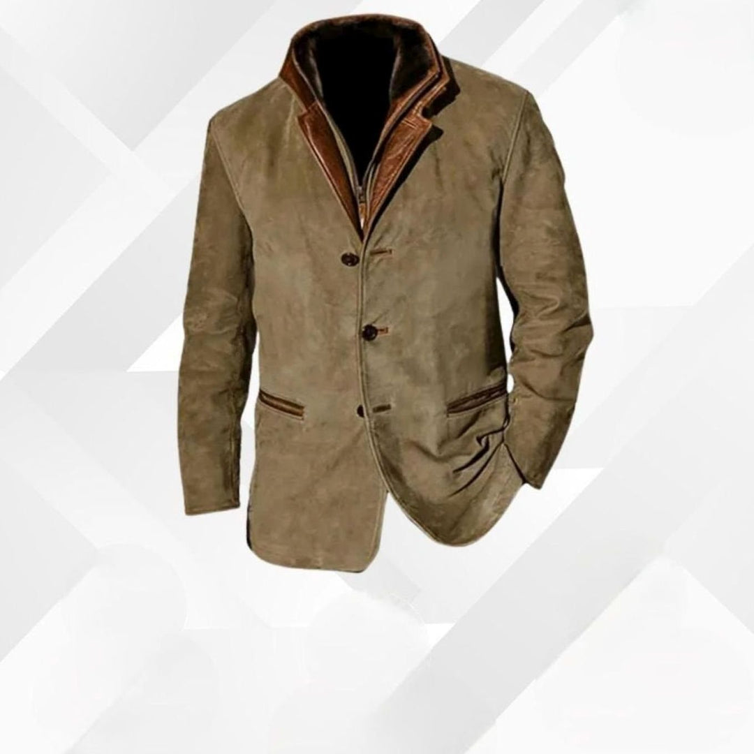 Men's Classic Button-Up Warm Jacket Contrasting Collar Tailored Blazer - Khaki