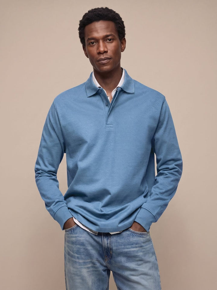 Men's Classic Long-Sleeve Cotton Polo Shirt - Light Blue