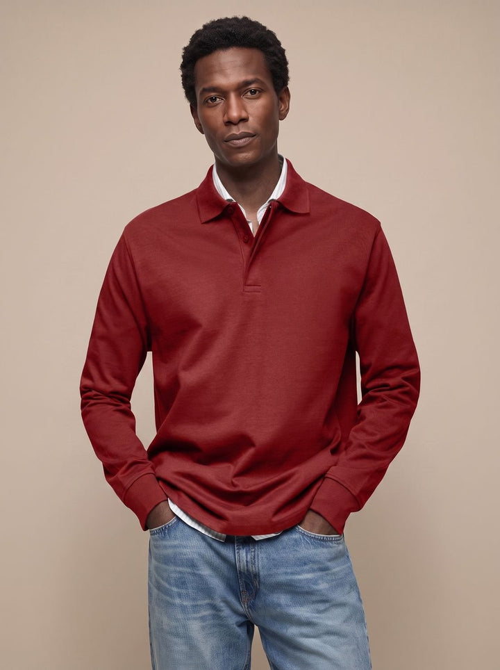 Men's Classic Long-Sleeve Cotton Polo Shirt - Red