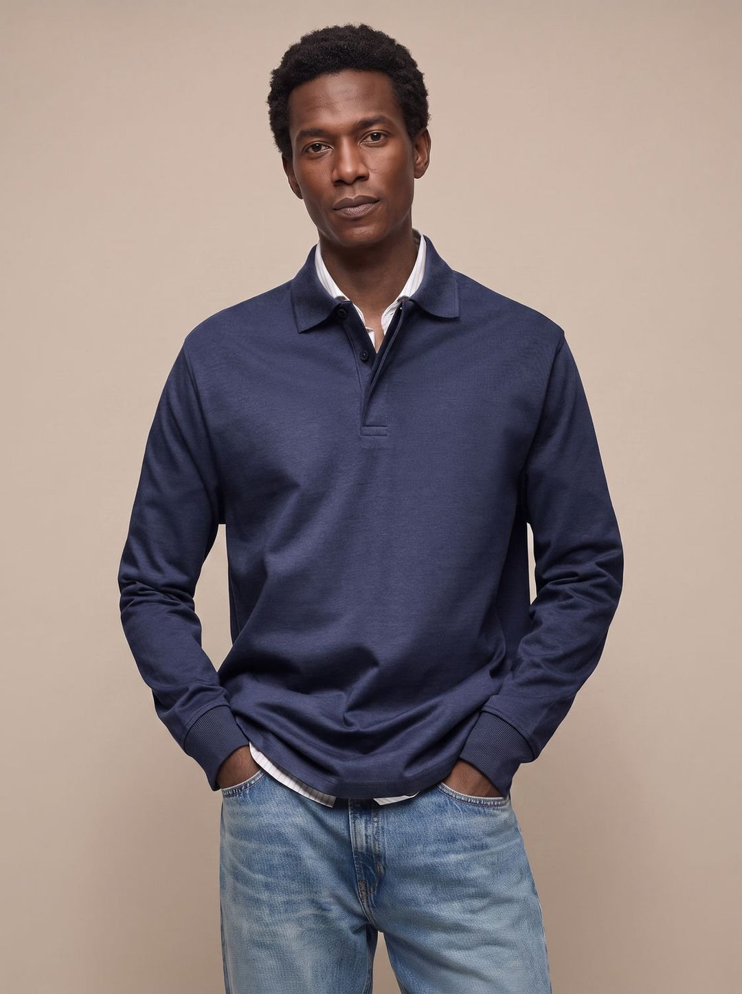 Men's Classic Long-Sleeve Cotton Polo Shirt - Navy Blue