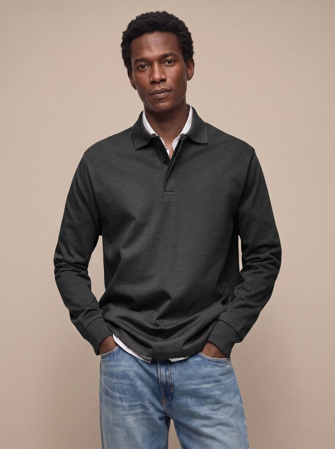 Men's Classic Long-Sleeve Cotton Polo Shirt - Black
