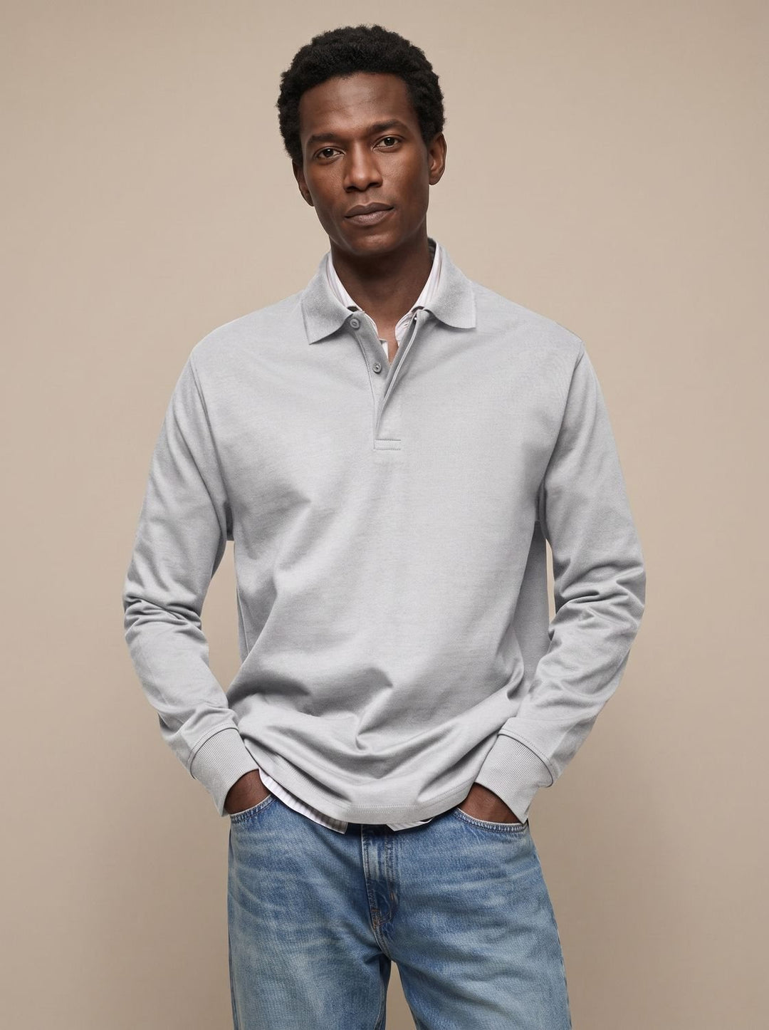 Men's Classic Long-Sleeve Cotton Polo Shirt - White