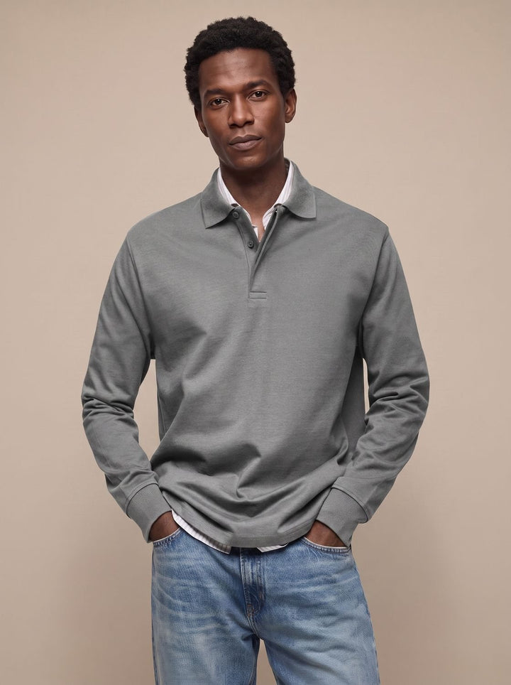 Men's Classic Long-Sleeve Cotton Polo Shirt - Gray