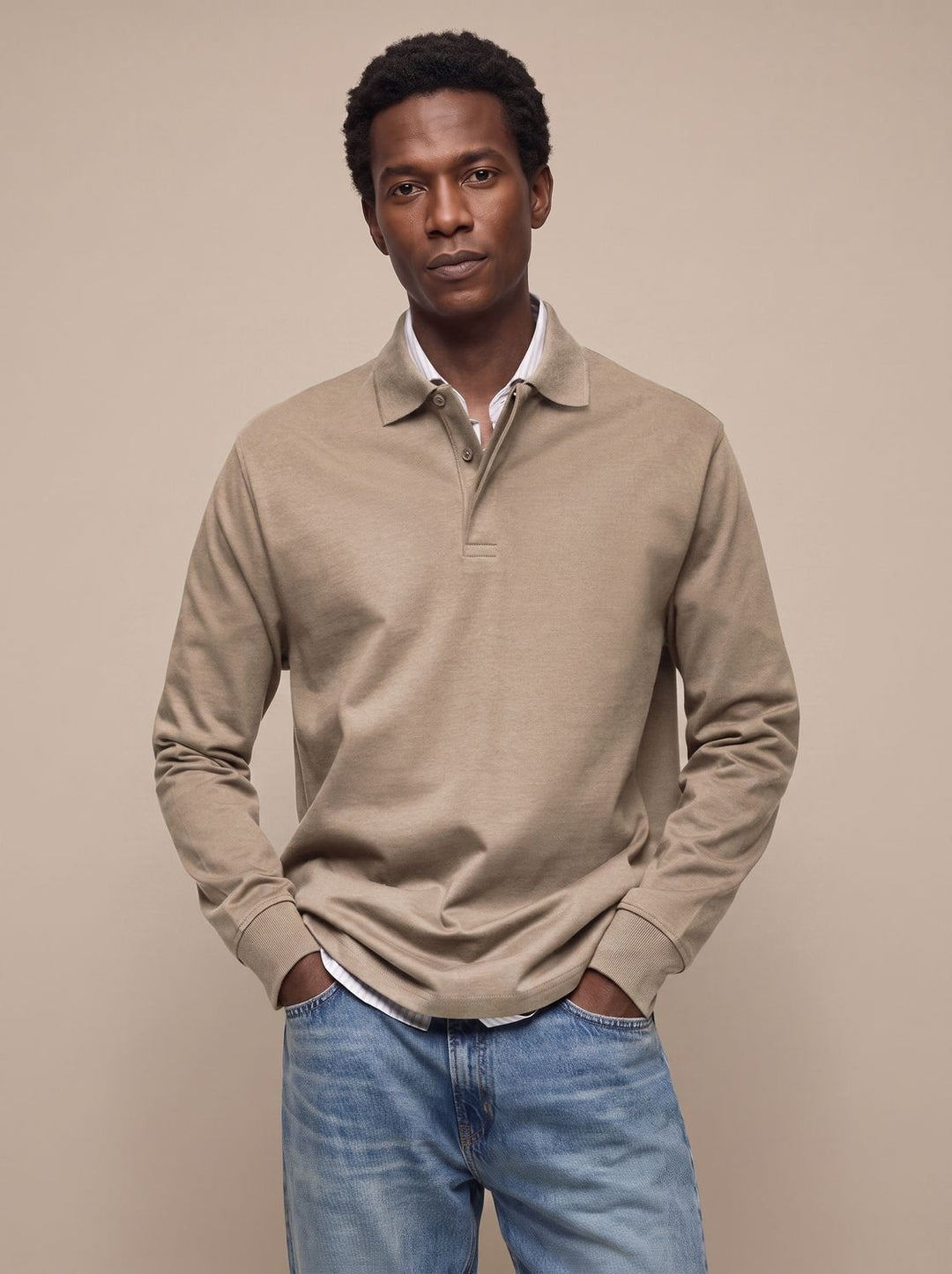 Men's Classic Long-Sleeve Cotton Polo Shirt - Khaki