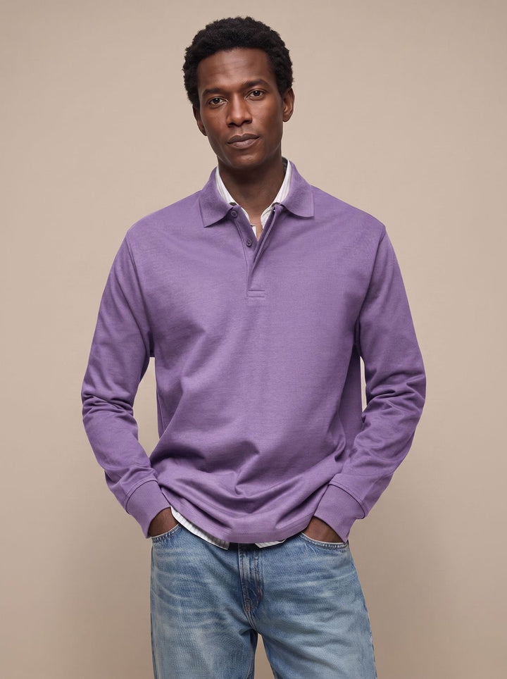 Men's Classic Long-Sleeve Cotton Polo Shirt - Purple