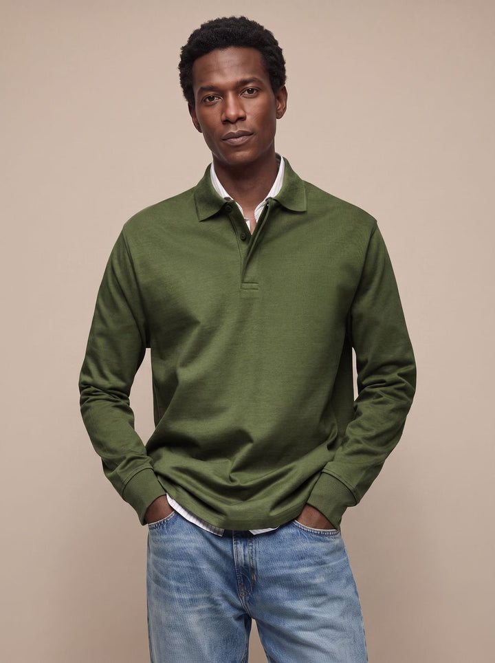Men's Classic Long-Sleeve Cotton Polo Shirt - Army Green