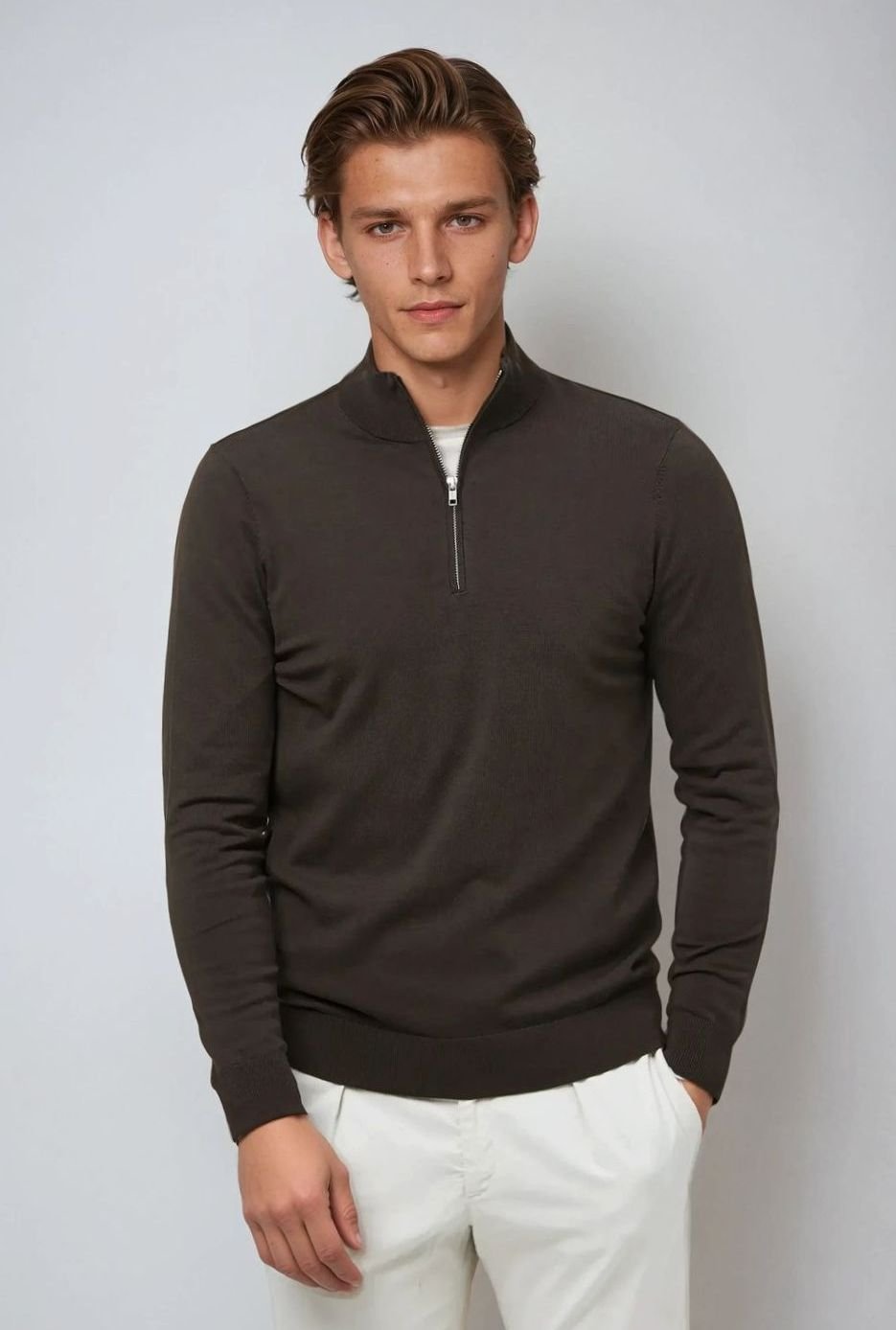 Men's Classic Quarter-Zip Knit Sweater - Brown