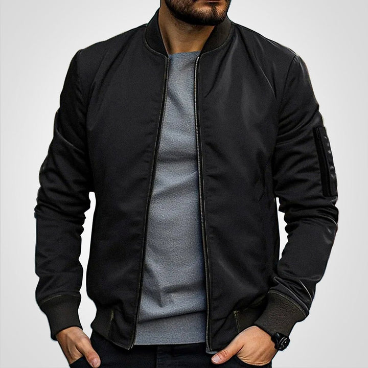 Men's Classic Slim-Fit Zip-Up Bomber Jacket - Black