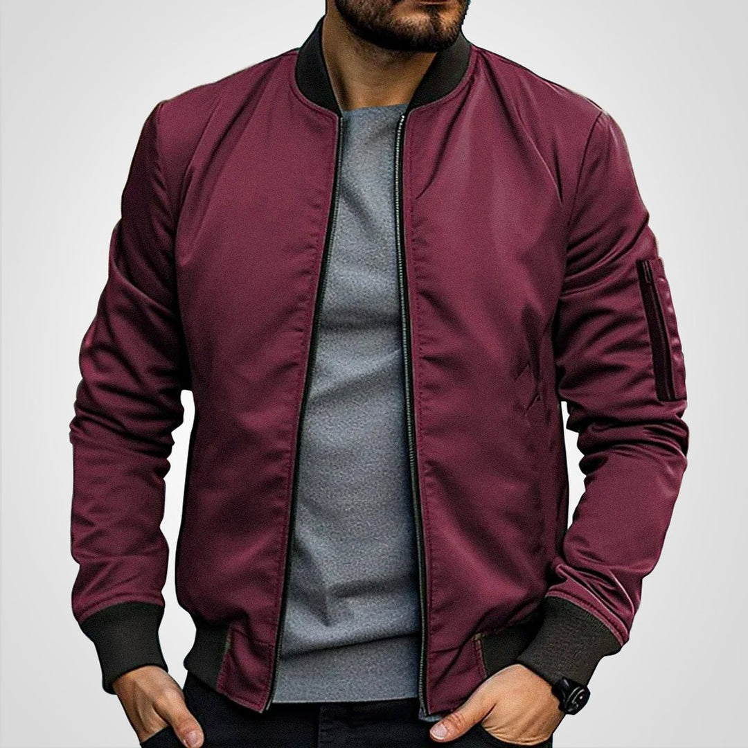 Men's Classic Slim-Fit Zip-Up Bomber Jacket - Burgundy