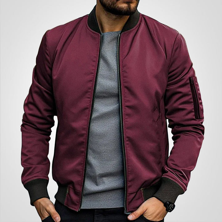 Men's Classic Slim-Fit Zip-Up Bomber Jacket - Burgundy