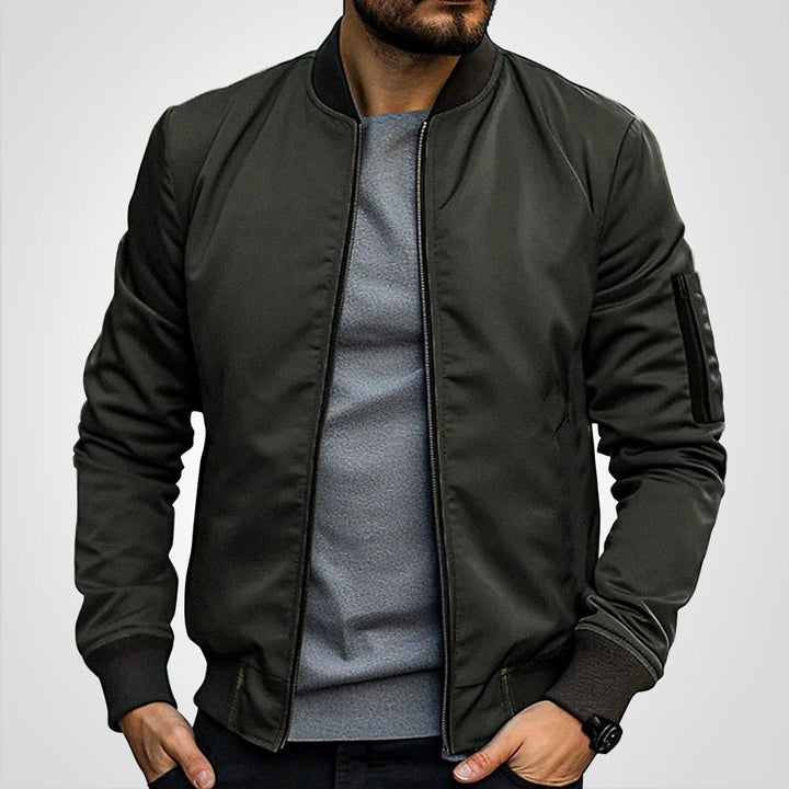 Men's Classic Slim-Fit Zip-Up Bomber Jacket - Olive Green