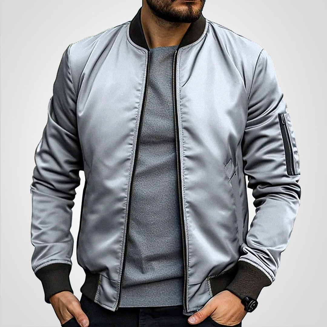 Men's Classic Slim-Fit Zip-Up Bomber Jacket - Light Gray