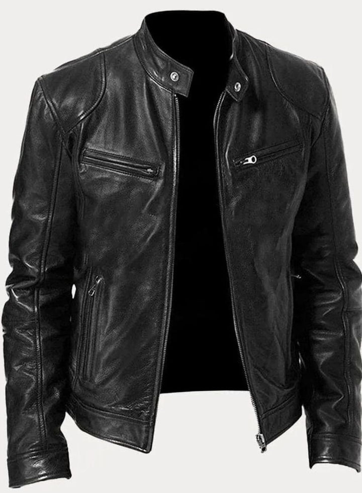 Men's Classic Slim-Fit Zip-Up Moto Style Jacket - Black