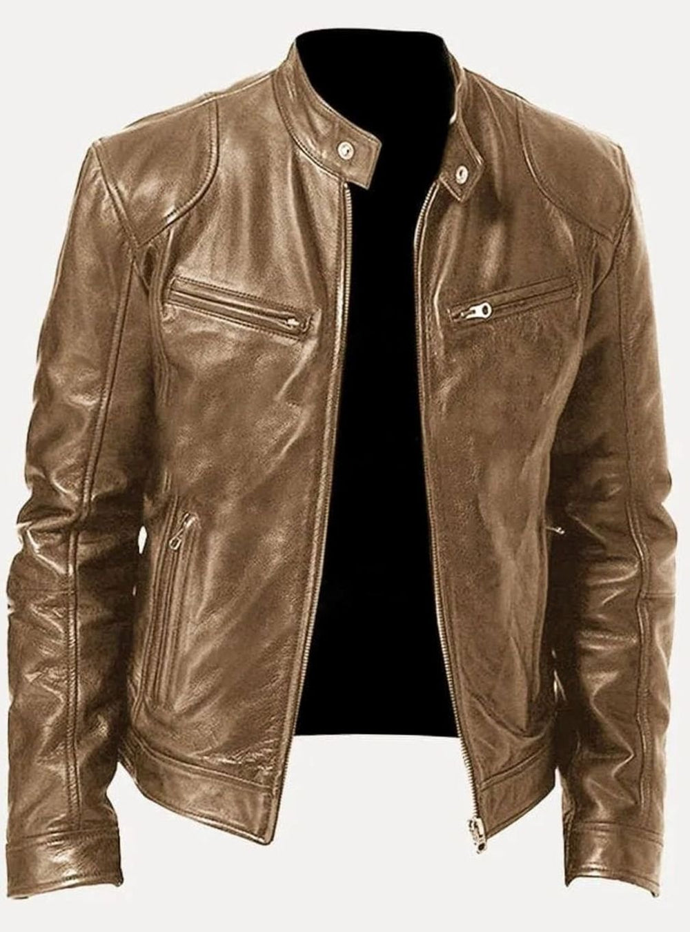 Men's Classic Slim-Fit Zip-Up Moto Style Jacket - Beige