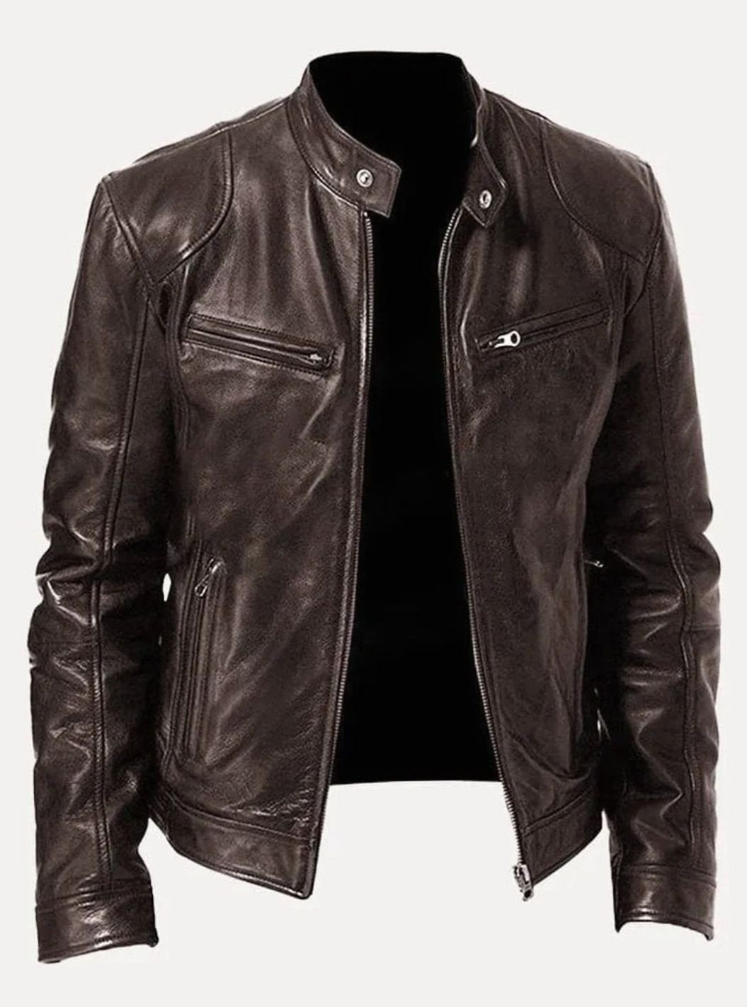 Men's Classic Slim-Fit Zip-Up Moto Style Jacket - Brown