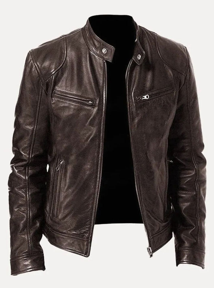 Men's Classic Slim-Fit Zip-Up Moto Style Jacket - Brown
