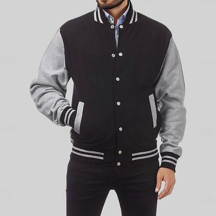 Men's Classic Varsity Bomber Jacket Snap-Front Ribbed Collar