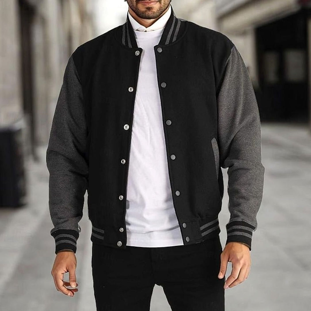 Men's Classic Varsity Bomber Jacket Snap-Front Ribbed Collar - Black