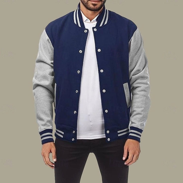 Men's Classic Varsity Bomber Jacket Snap-Front Ribbed Collar