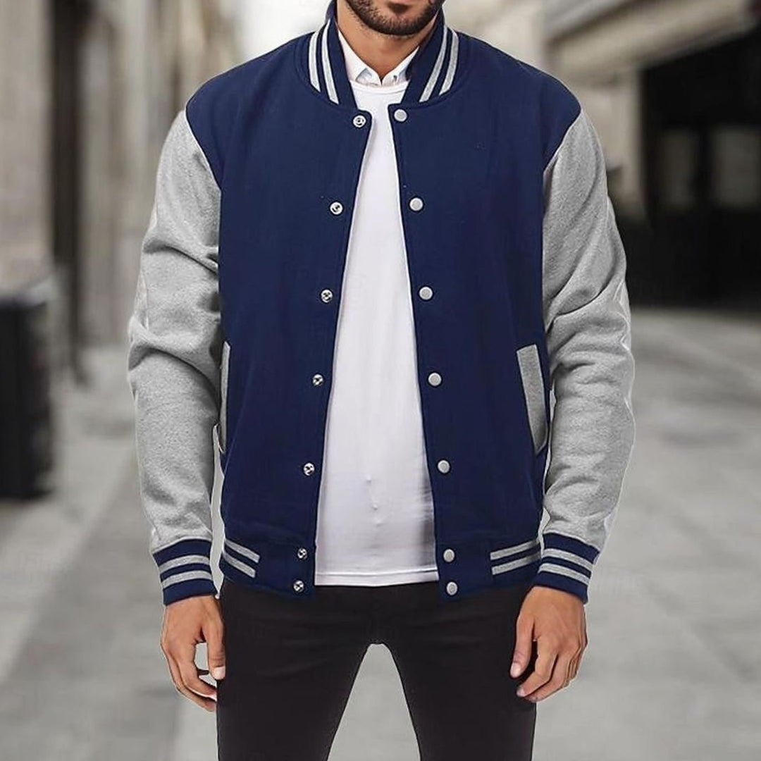 Men's Classic Varsity Bomber Jacket Snap-Front Ribbed Collar - Navy Blue