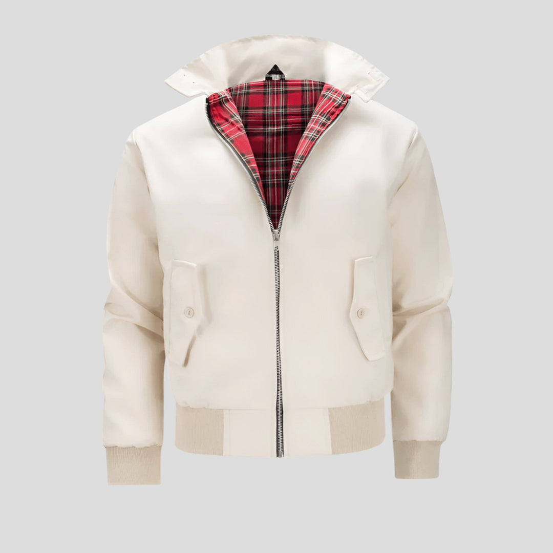 Men's Classic Zip-Up Bomber Jacket Plaid Checked Lining Ribbed Cuffs - Beige