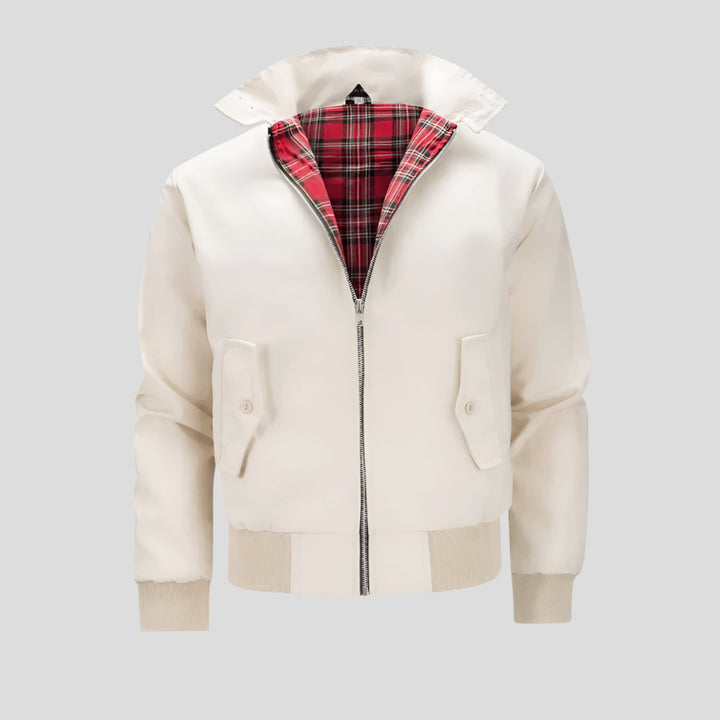 Men's Classic Zip-Up Bomber Jacket Plaid Checked Lining Ribbed Cuffs - Beige
