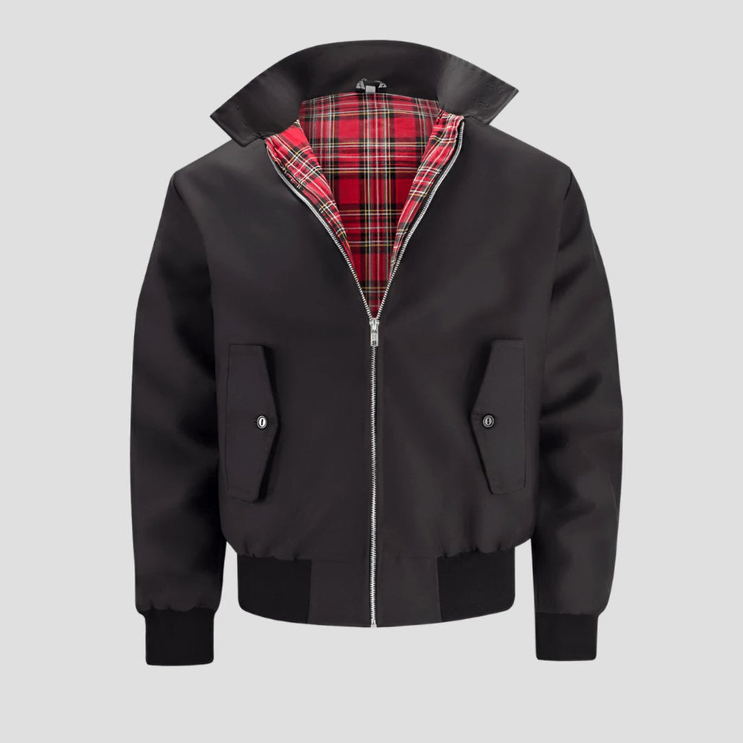 Men's Classic Zip-Up Bomber Jacket Plaid Checked Lining Ribbed Cuffs - Black