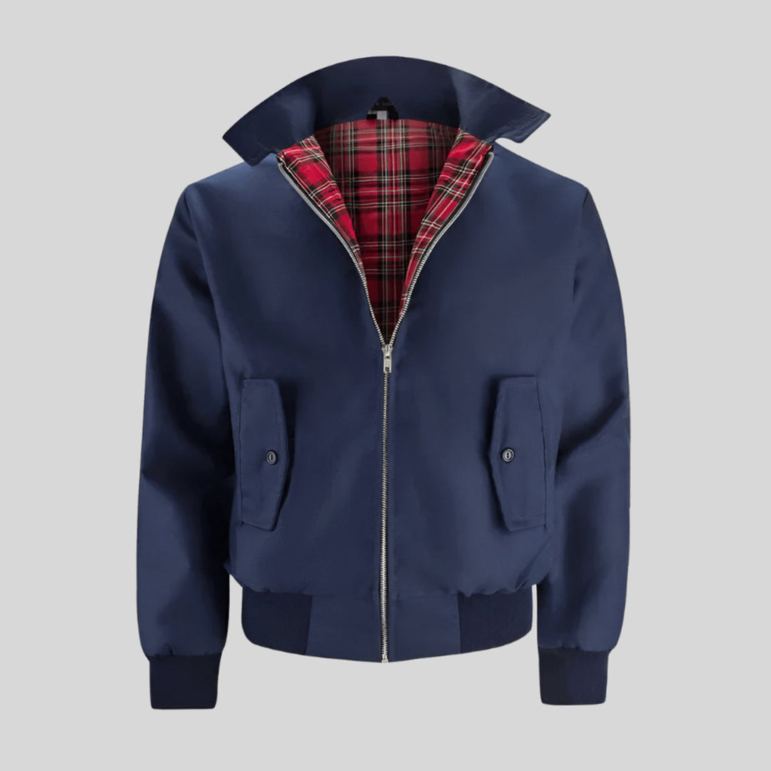 Men's Classic Zip-Up Bomber Jacket Plaid Checked Lining Ribbed Cuffs - Dark Blue
