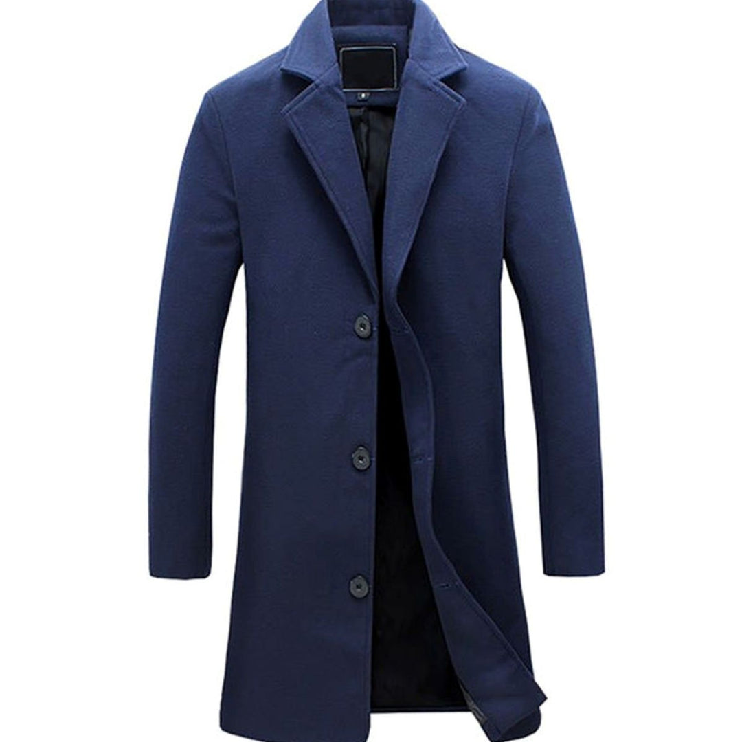 Men's Cold Weather Tailored Single-Breasted Wool-Blend Trench Coat - Navy Blue