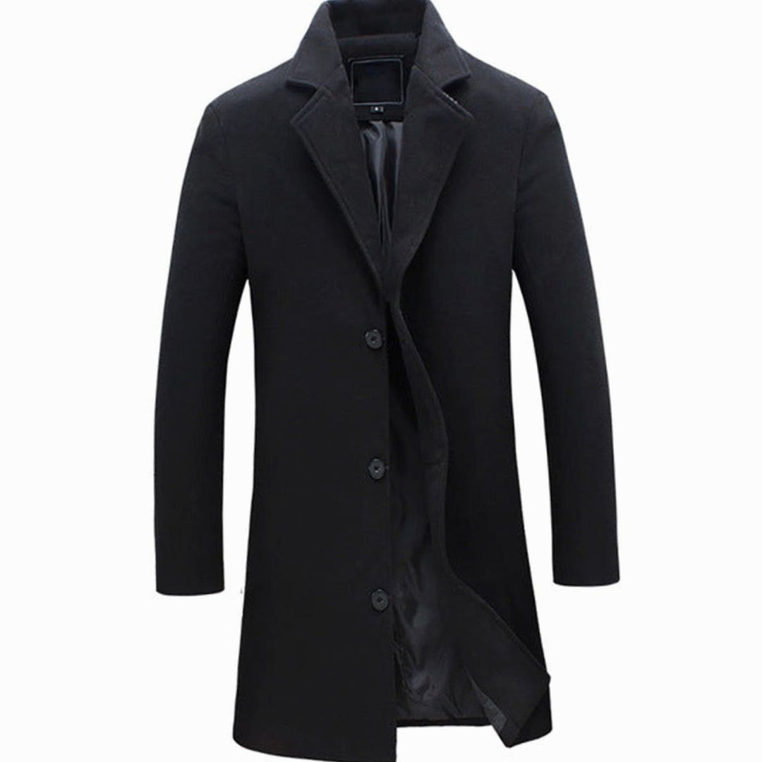 Men's Cold Weather Tailored Single-Breasted Wool-Blend Trench Coat - Black