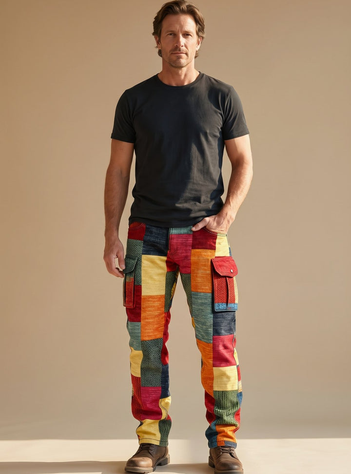 Men's Colorblock Patchwork Relaxed-Fit Cargo Pants - Multicolor