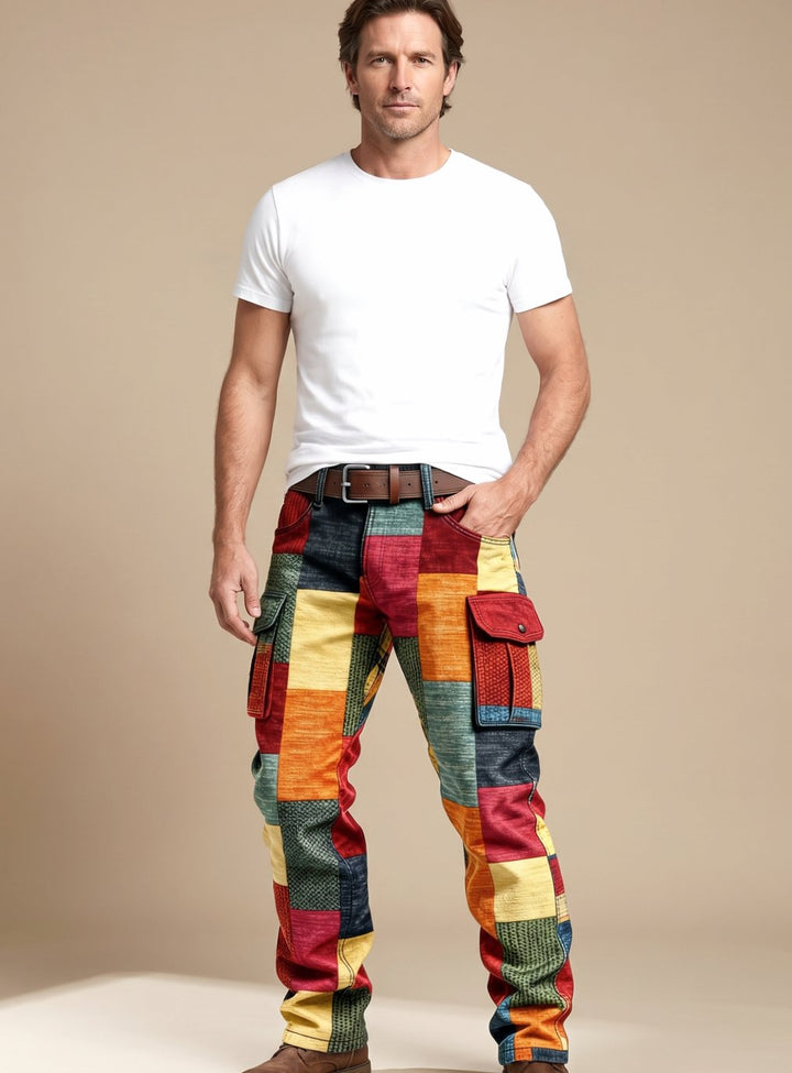 Men's Colorblock Patchwork Relaxed-Fit Cargo Pants
