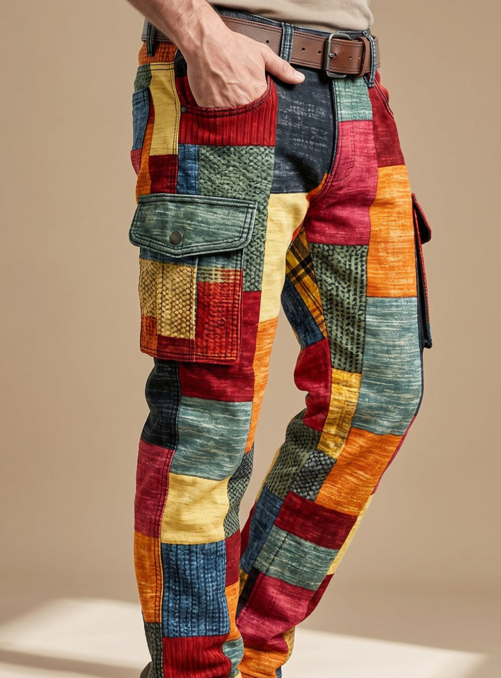 Men's Colorblock Patchwork Relaxed-Fit Cargo Pants