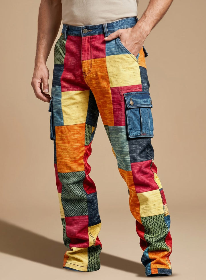 Men's Colorblock Patchwork Relaxed-Fit Cargo Pants
