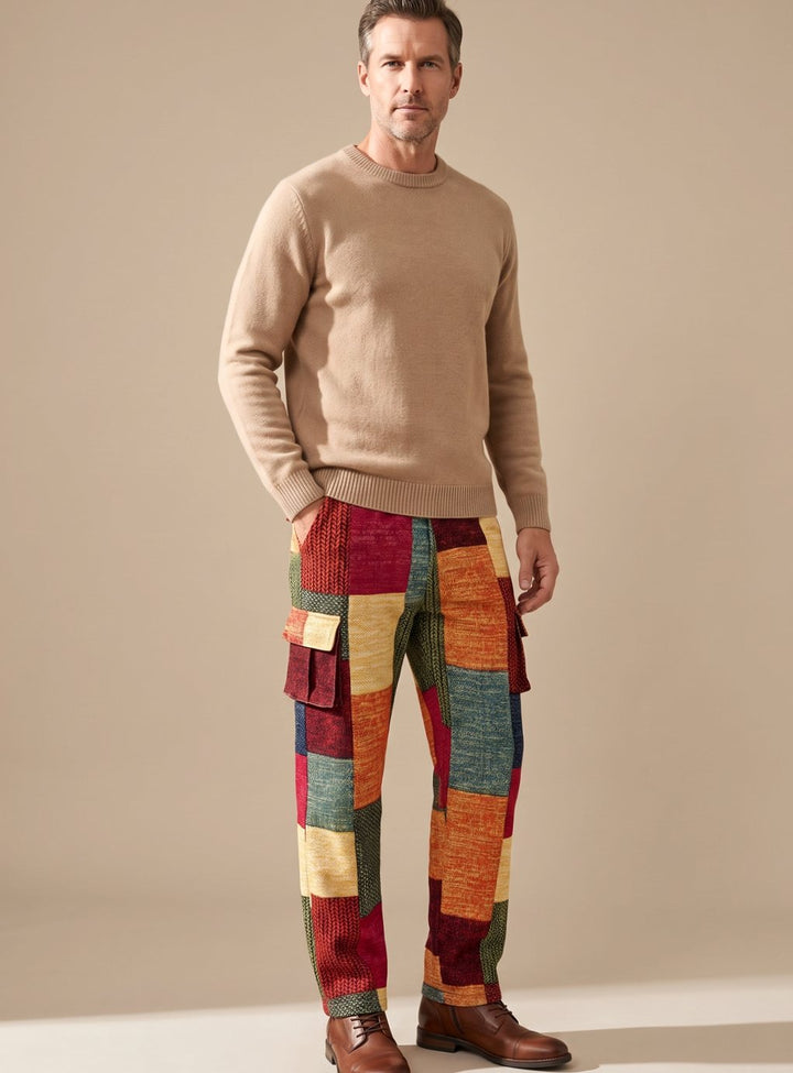 Men's Colorblock Patchwork Relaxed-Fit Cargo Pants