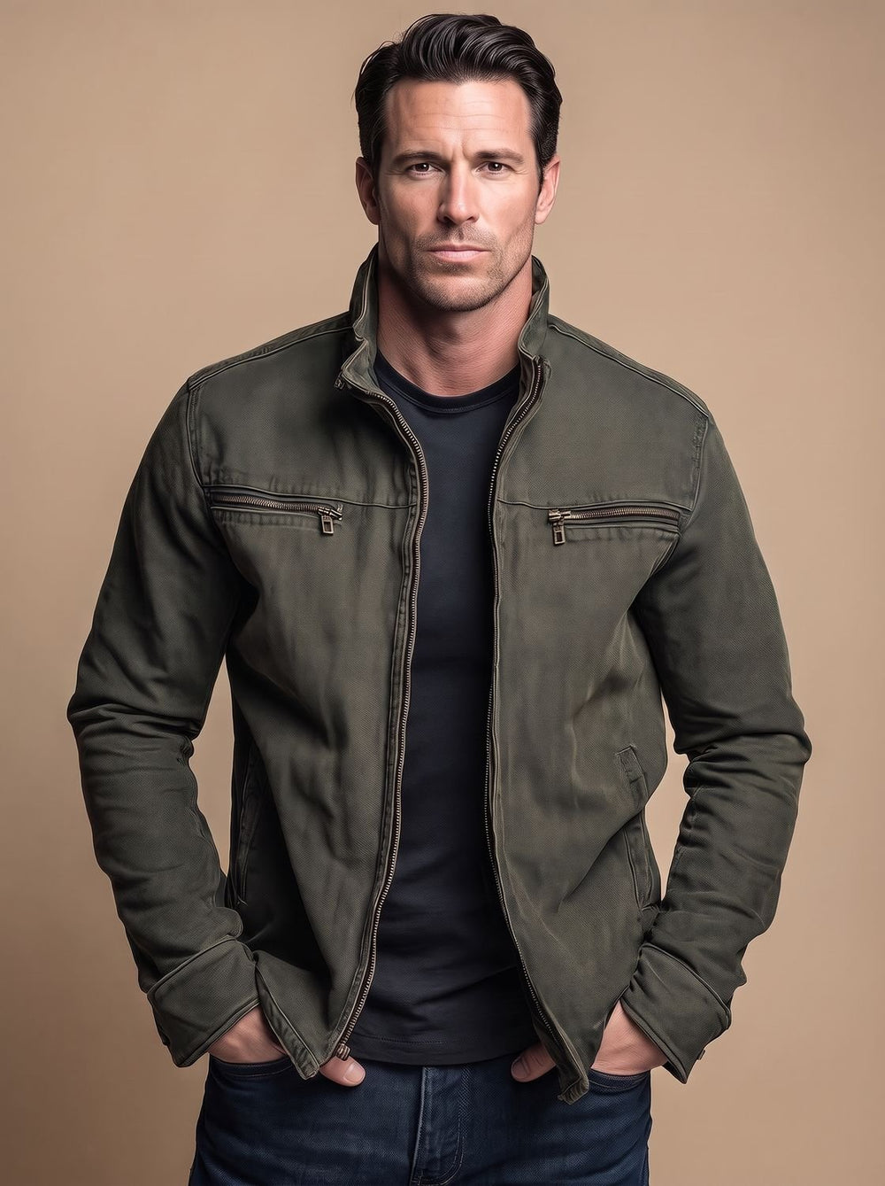 Men's Cotton Stand-Collar Multi-Pocket Zip-Up Jacket