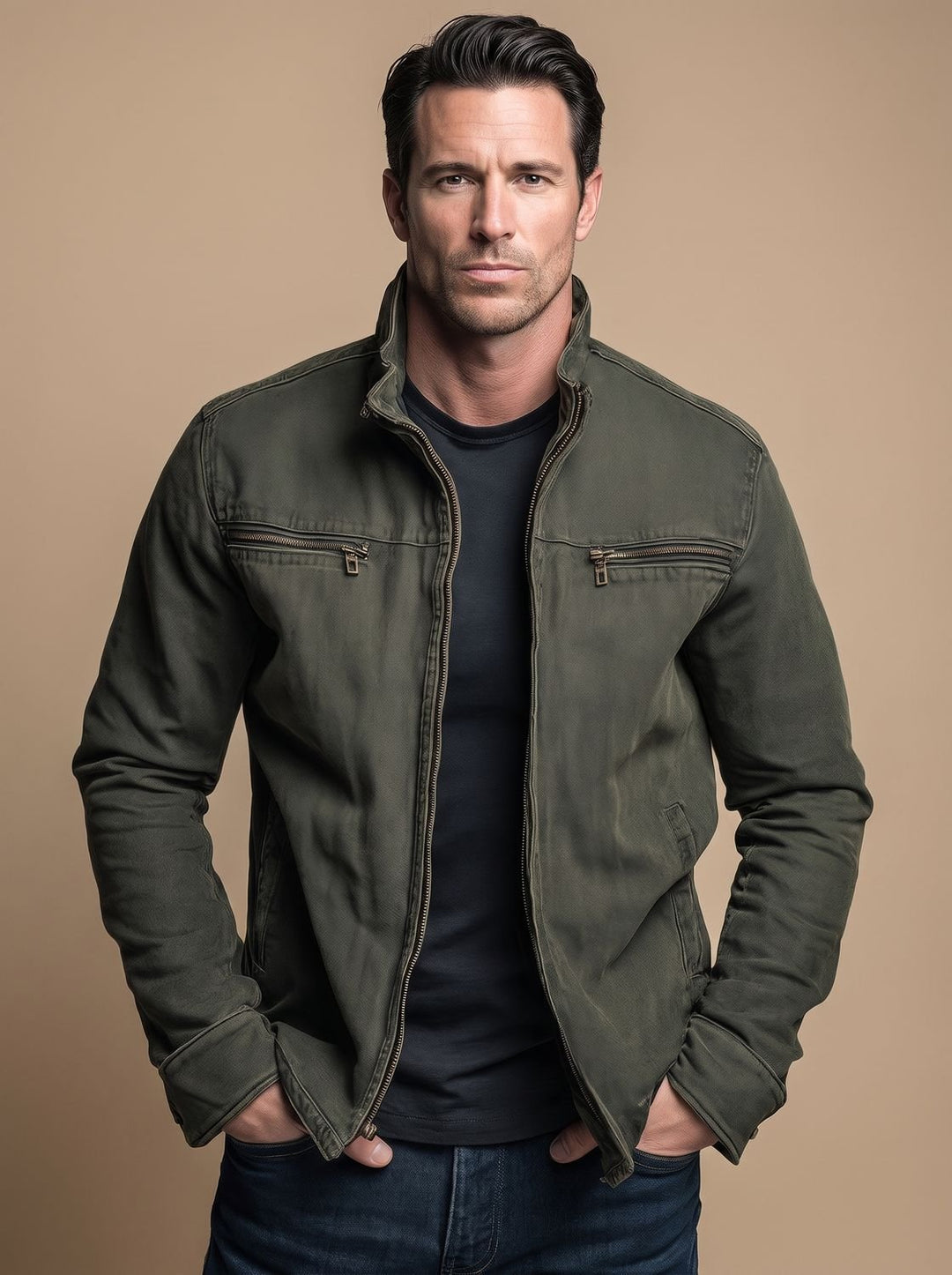Men's Cotton Stand-Collar Multi-Pocket Zip-Up Jacket - Army Green